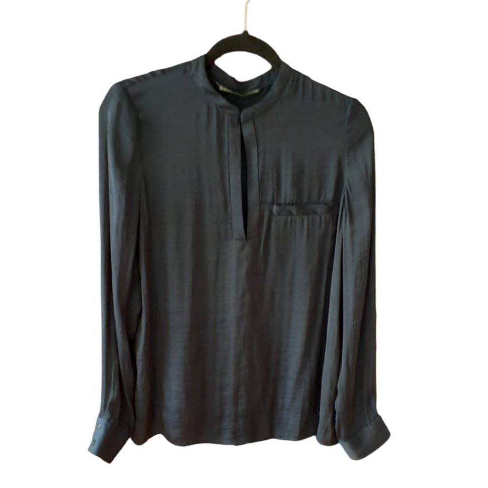 ZARA Long Sleeve Navy Blouse with Choker Collar and One Button Closure